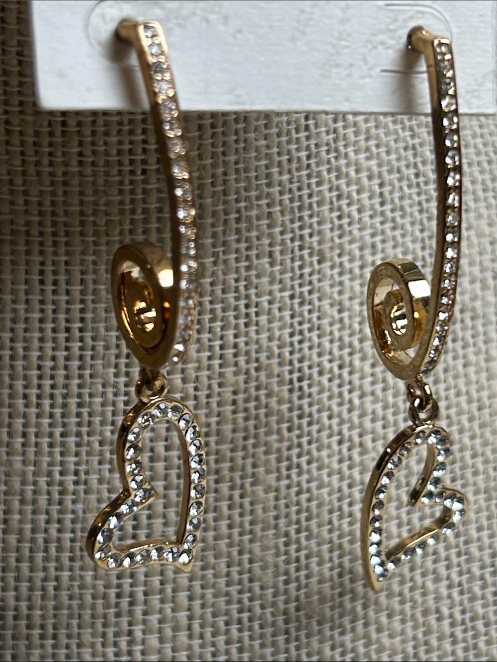 Gold Heart Drop Hoop Earrings with Clear Crystals